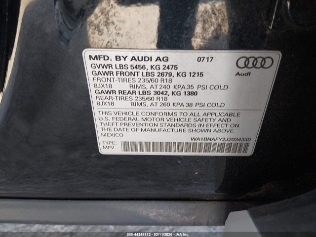 Aukcja sprzedaży 2018 Audi Q5 2.0t Premium/2.0t Tech Premium, vin: WA1BNAFY2J2034339, numer aukcji: 44344112