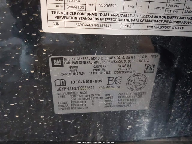 44344238 :رقم المزاد ، 3GYFNAE37FS551641 vin ، 2015 Cadillac Srx Standard مزاد بيع