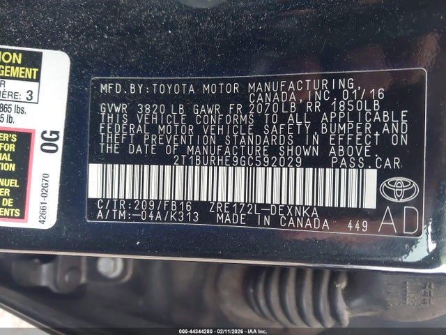 2T1BURHE9GC592029 Toyota COROLLA LE