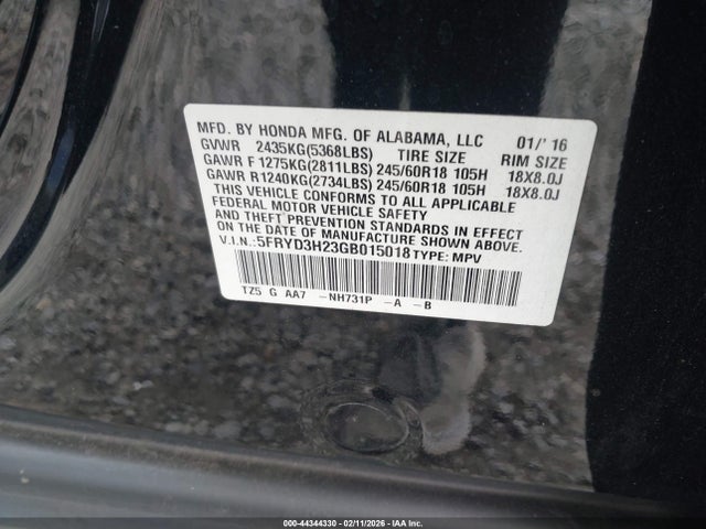 44344330 :رقم المزاد ، 5FRYD3H23GB015018 vin ، 2016 Acura Mdx Acurawatch Plus Package مزاد بيع