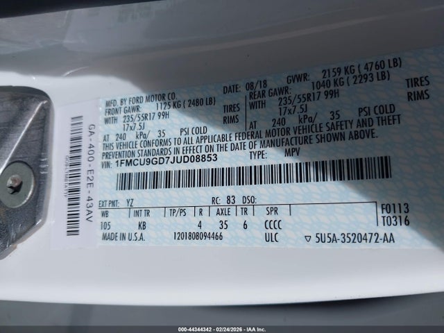 1FMCU9GD7JUD08853 Ford ESCAPE SE
