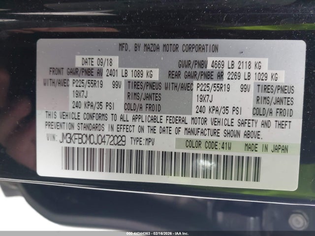 44344363 :رقم المزاد ، JM3KFBCM0J0472029 vin ، 2018 Mazda Cx-5 Touring مزاد بيع
