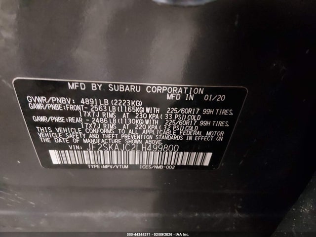 2020 Subaru Forester Premium მანქანა იყიდება აუქციონზე, vin: JF2SKAJC2LH499800, აუქციონის ნომერი: 44344371