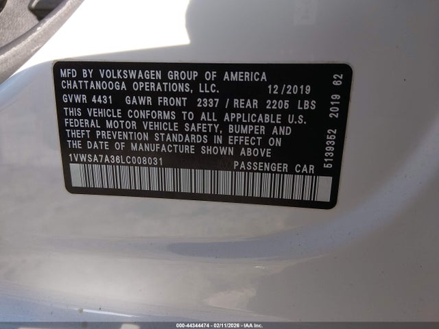 44344474 :رقم المزاد ، 1VWSA7A36LC008031 vin ، 2020 Volkswagen Passat 2.0t Se مزاد بيع