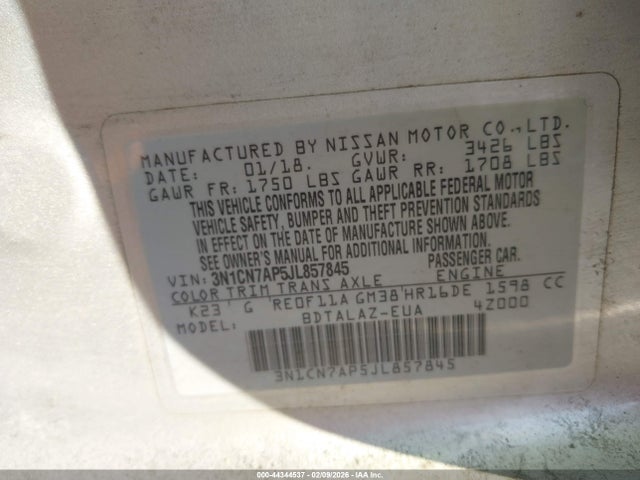 Aukcja sprzedaży 2018 Nissan Versa 1.6 S+, vin: 3N1CN7AP5JL857845, numer aukcji: 44344537