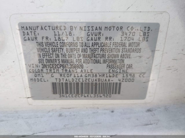 Продажа на аукционе авто 2019 Nissan Versa Note Sv, vin: 3N1CE2CP6KL356920, номер лота: 44344538