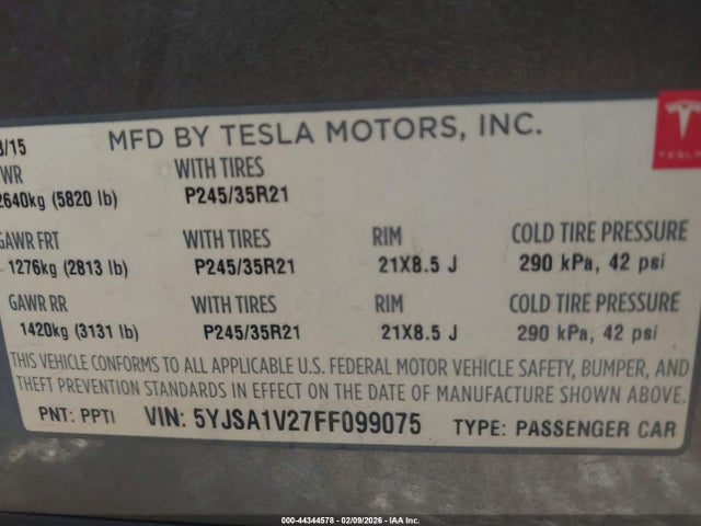 2015 TESLA MODEL S 5YJSA1V27FF099075 Photo 8