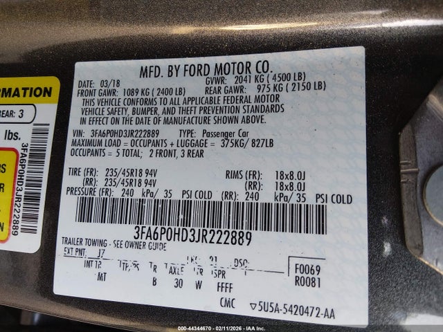 44344670 :رقم المزاد ، 3FA6P0HD3JR222889 vin ، 2018 Ford Fusion Se مزاد بيع