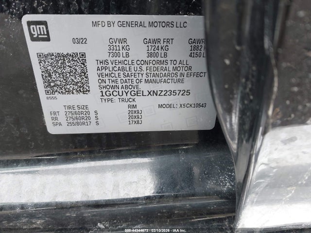 Aukcja sprzedaży 2022 Chevrolet Silverado 1500 Ltd Ltz, vin: 1GCUYGELXNZ235725, numer aukcji: 44344673