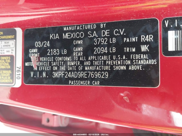 44344693 :رقم المزاد ، 3KPF24AD9RE769629 vin ، 2024 Kia Forte Lxs مزاد بيع
