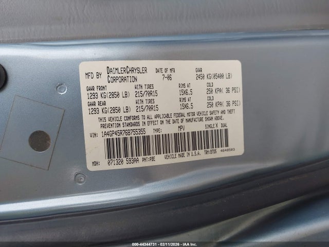 Aukcja sprzedaży 2006 Chrysler Town & Country, vin: 1A4GP45R76B755355, numer aukcji: 44344731