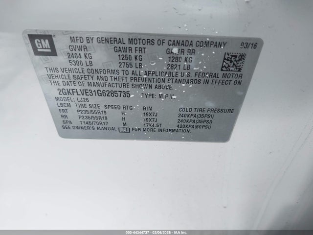 44344737 :رقم المزاد ، 2GKFLVE31G6285735 vin ، 2016 Gmc Terrain Denali مزاد بيع