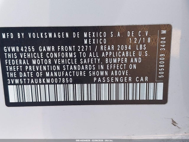 3VW5T7AU8KM007850 Volkswagen Golf Gti 2.0t Autobahn/2.0t Rabbit Edition/2.0t S/2.0t Se