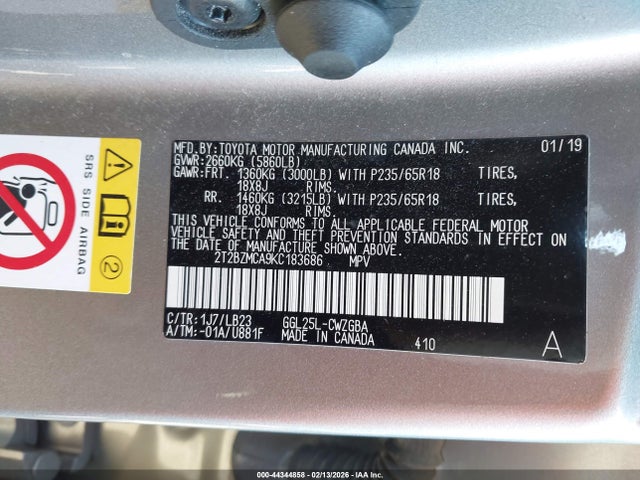 44344858 :رقم المزاد ، 2T2BZMCA9KC183686 vin ، 2019 Lexus Rx 350 مزاد بيع