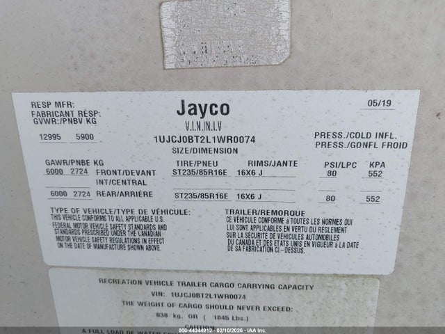 1UJCJ0BT2L1WR0074 Jayco Travel Trlr