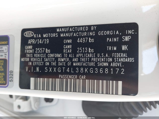 5XXGT4L38KG368172 KIA Optima S