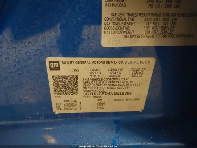 44344933 :رقم المزاد ، 3GTUUCED4NG518389 vin ، 2022 Gmc Sierra 1500 4wd  Short Box Elevation مزاد بيع