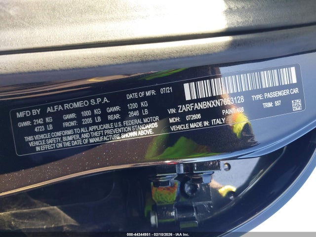 Aukcja sprzedaży 2022 Alfa Romeo Giulia Veloce Awd, vin: ZARFANBNXN7653128, numer aukcji: 44344951