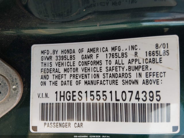 2001 HONDA CIVIC 1HGES15551L074395 Photo 8