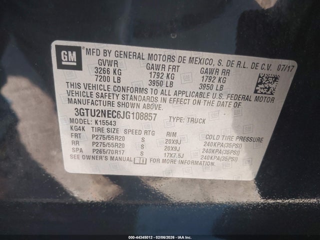 Продаж на аукціоні авто 2018 Gmc Sierra 1500 Slt, vin: 3GTU2NEC6JG108857, номер лоту: 44345012