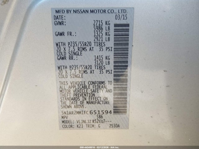 5N1AR2MM1FC651594 Nissan Pathfinder Platinum