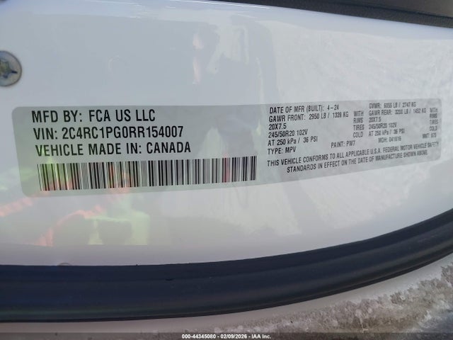 Продаж на аукціоні авто 2024 Chrysler Pacifica Pinnacle, vin: 2C4RC1PG0RR154007, номер лоту: 44345080