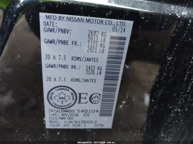 44345101 :رقم المزاد ، 5N1AL0MM0EC540104 vin ، 2014 Infiniti Qx60 مزاد بيع