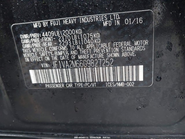 Aukcja sprzedaży 2016 Subaru Wrx Sti, vin: JF1VA2M66G9827252, numer aukcji: 44345113