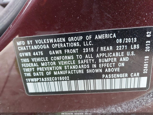 Volkswagen Passat 2.5l Se 2014 1VWBP7A3XEC015002 Image 9