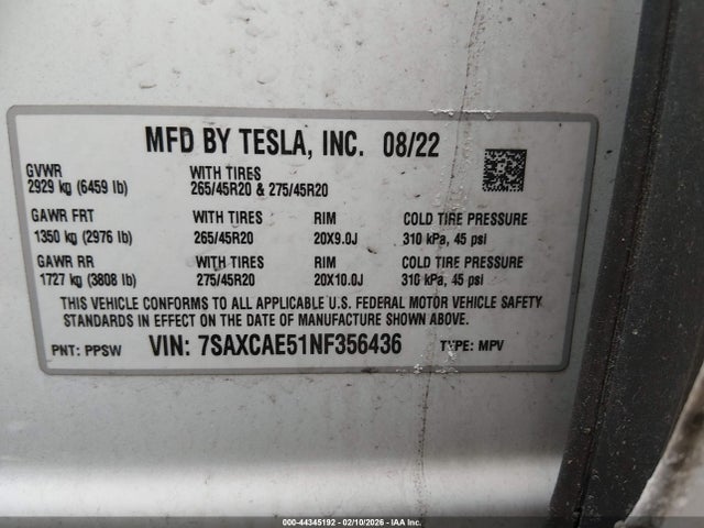 44345192 :رقم المزاد ، 7SAXCAE51NF356436 vin ، 2022 Tesla Model X Dual Motor All-wheel Drive مزاد بيع