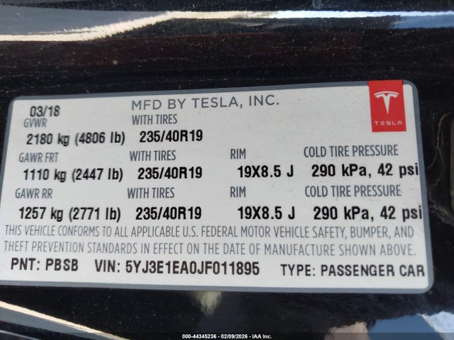Aukcja sprzedaży 2018 Tesla Model 3 Long Range/mid Range, vin: 5YJ3E1EA0JF011895, numer aukcji: 44345236