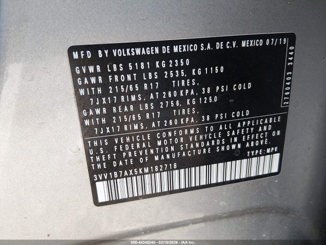 Продажа на аукционе авто 2019 Volkswagen Tiguan 2.0t S, vin: 3VV1B7AX5KM182718, номер лота: 44345245
