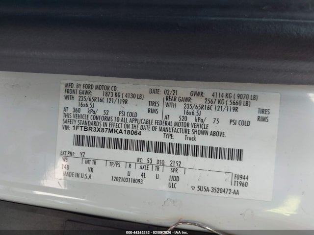 44345282 :رقم المزاد ، 1FTBR3X87MKA18064 vin ، 2021 Ford Transit-250 Cargo Van مزاد بيع