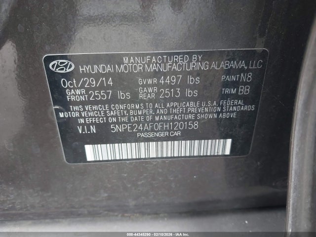 44345290 :رقم المزاد ، 5NPE24AF0FH120158 vin ، 2015 Hyundai Sonata Se مزاد بيع