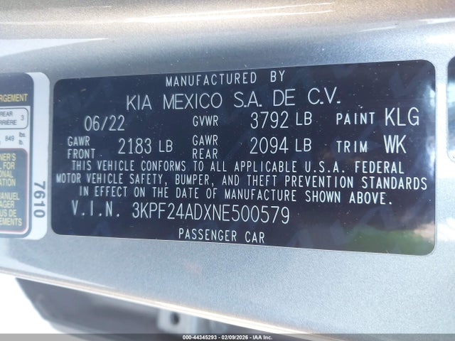 3KPF24ADXNE500579 KIA Forte Lxs