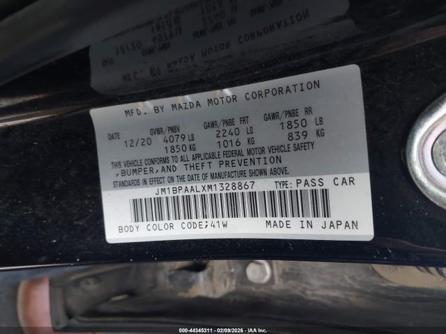 44345311 :رقم المزاد ، JM1BPAALXM1328867 vin ، 2021 Mazda Mazda3 2.5 S مزاد بيع