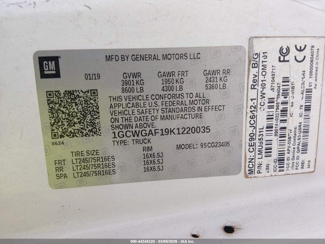 1GCWGAF19K1220035 Chevrolet Express 2500 Work Van