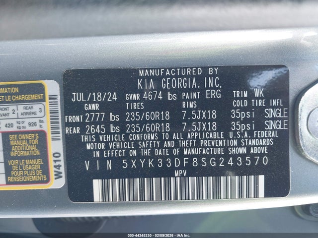 44345330 :رقم المزاد ، 5XYK33DF8SG243570 vin ، 2025 Kia Sportage Ex مزاد بيع