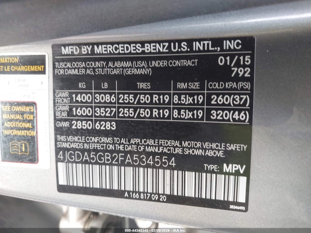 44345340 :رقم المزاد ، 4JGDA5GB2FA534554 vin ، 2015 Mercedes-benz Ml 400 4matic مزاد بيع