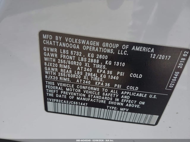 Продаж на аукціоні авто 2018 Volkswagen Atlas 3.6l V6 Se W/technology, vin: 1V2FR2CA2JC551447, номер лоту: 44345349