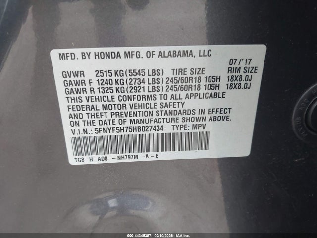 5FNYF5H75HB027434 Honda Pilot Ex-l