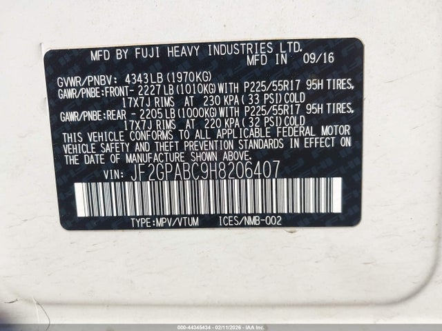 44345434 :رقم المزاد ، JF2GPABC9H8206407 vin ، 2017 Subaru Crosstrek 2.0i Premium مزاد بيع