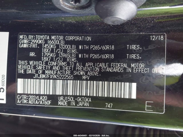 44345451 :رقم المزاد ، JTJBM7FX9K5222565 vin ، 2019 Lexus Gx 460 Premium مزاد بيع