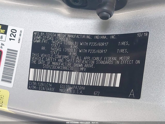 5TDYZ3DC4KS986230 Toyota Sienna Xle 8 Passenger