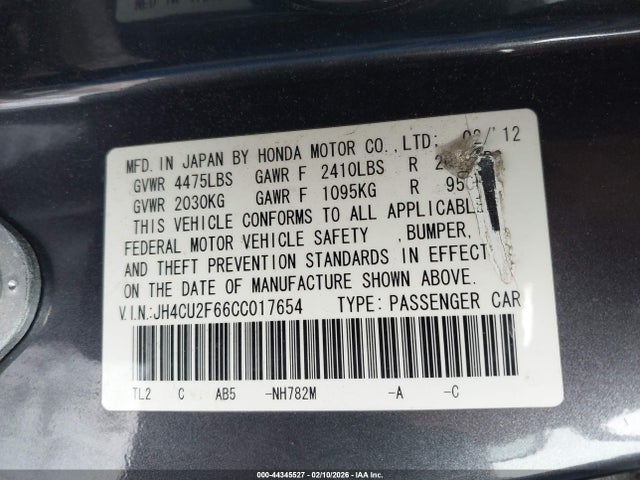 Продаж на аукціоні авто 2012 Acura Tsx 2.4, vin: JH4CU2F66CC017654, номер лоту: 44345527