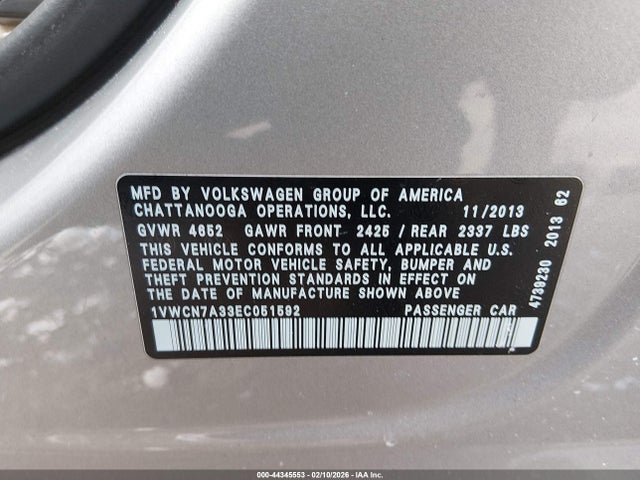 Aukcja sprzedaży 2014 Volkswagen Passat 2.0l Tdi Sel Premium, vin: 1VWCN7A33EC051592, numer aukcji: 44345553