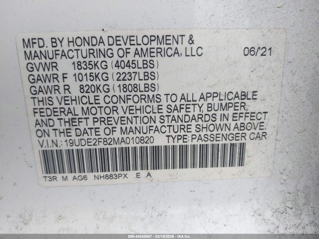 44345567 :رقم المزاد ، 19UDE2F82MA010820 vin ، 2021 Acura Ilx Premium   A-spec Packages/technology   A-spec Packages مزاد بيع