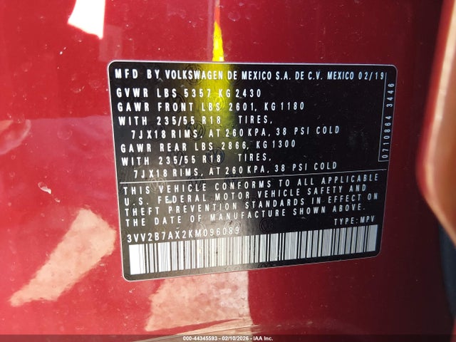 2019 VOLKSWAGEN TIGUAN 3VV2B7AX2KM096089 Photo 8