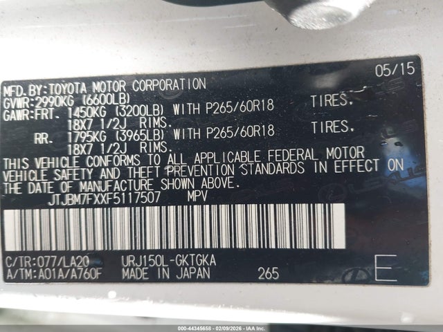 Продаж на аукціоні авто 2015 Lexus Gx 460, vin: JTJBM7FXXF5117507, номер лоту: 44345658