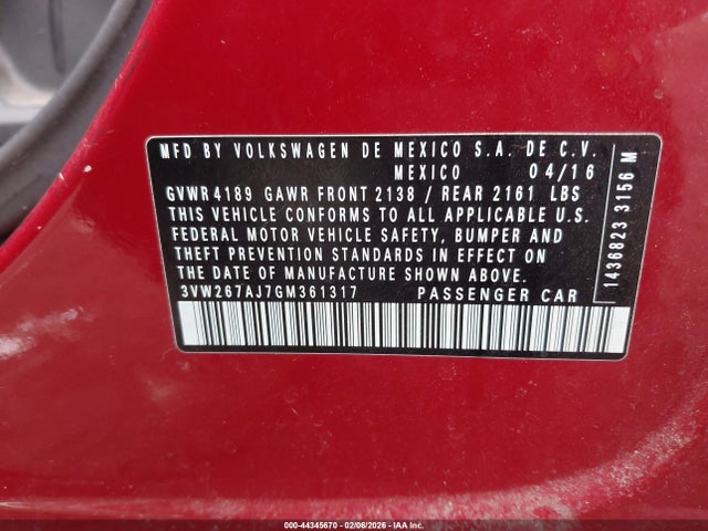 44345670 :رقم المزاد ، 3VW267AJ7GM361317 vin ، 2016 Volkswagen Jetta 1.4t S مزاد بيع